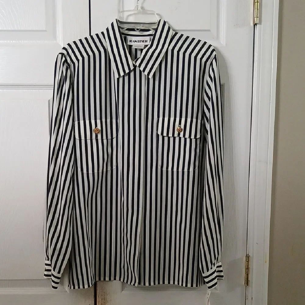 Joan Leslie vintage navy ivory striped button down blouse Sz 16 NWT